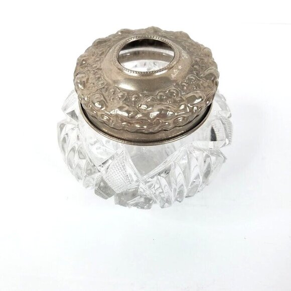 Hair Receiver Jar Pressed Cut Glass 3.5" Bowl Silver Tone Lid Embossed Vintage - Picture 6 of 6